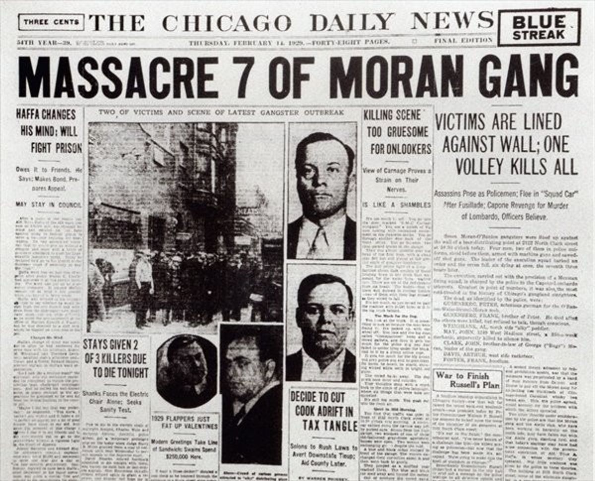 Статья о бойне в День Святого Валентина в Chicago Daily News